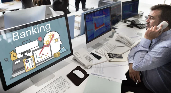 Businessman working on computers with Banking — Stock Photo, Image