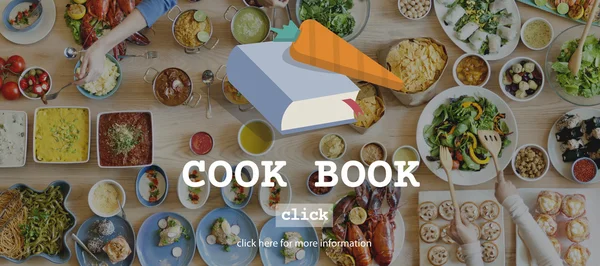 Mesa con comida y Cook Book Concept —  Fotos de Stock