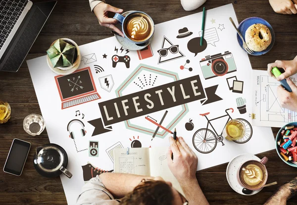 Table with poster with lifestyle concept — Stock Photo, Image