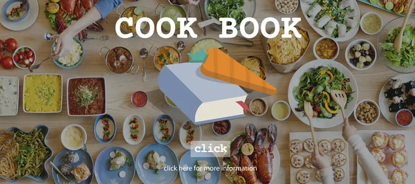 食品与厨师书概念表 — 图库照片