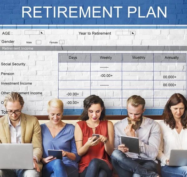 People sit with devices and RetireMent plan — Stock Photo, Image