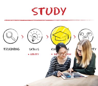 Öğrenci kızlar dijital tablet tarama