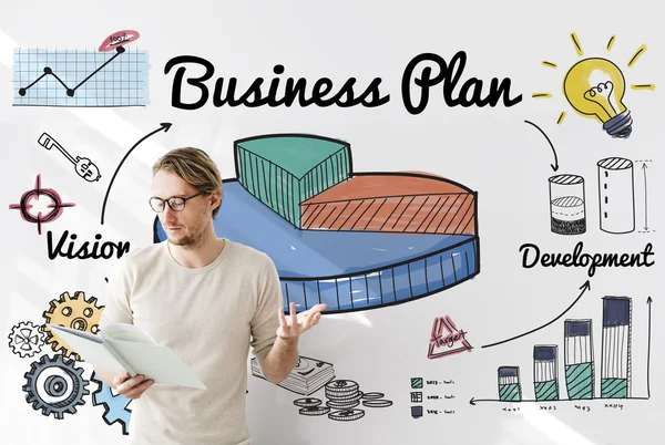 Zakenman werken met Business Plan — Stockfoto