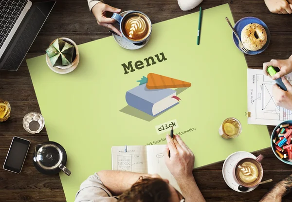 Mesa com cartaz com conceito de menu — Fotografia de Stock