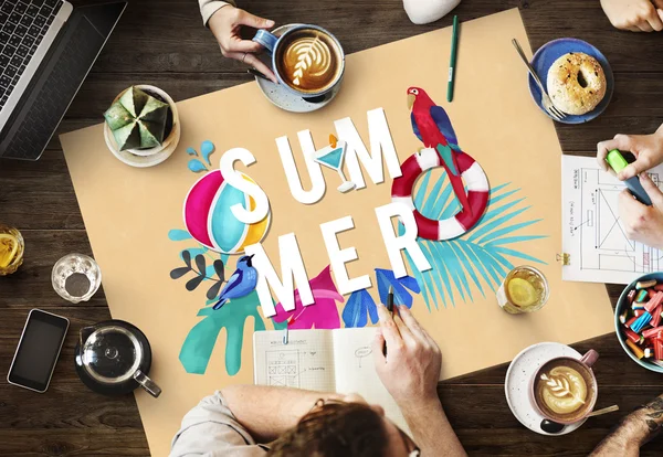 Table with poster with summer concept — Stock Photo, Image