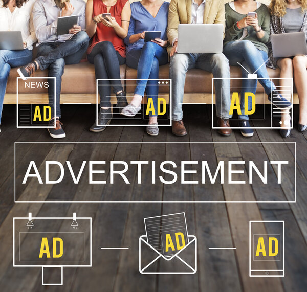 people sit with devices and Advertisement