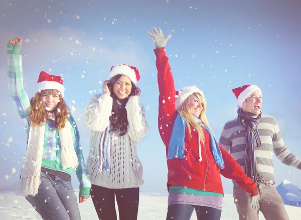 Amigos se divertindo na neve — Fotografia de Stock