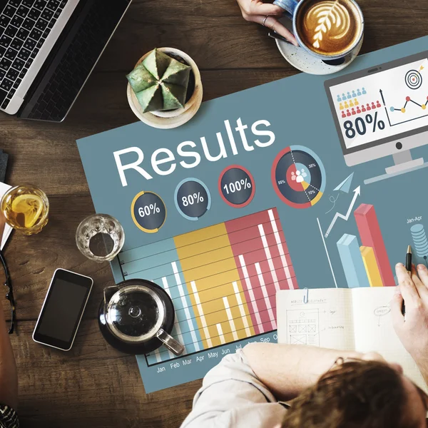 Table with poster with Results concept — Stock Photo, Image