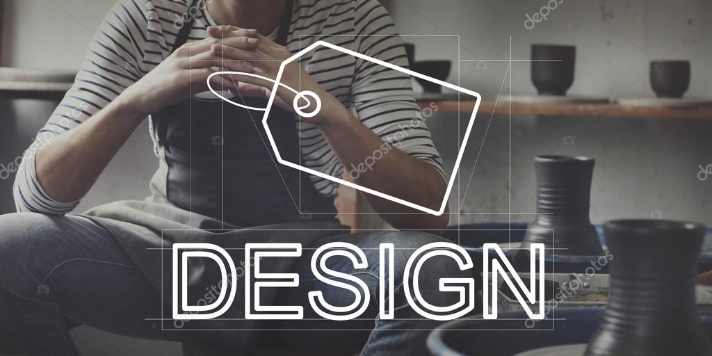 Creative craftsman working in his workshop, graphic text: Design