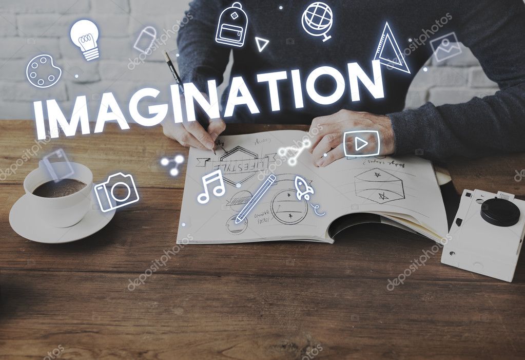Imagination  word and man working in office on background