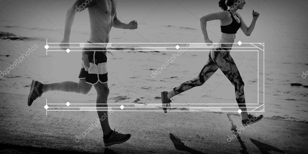 Couple running on the Beach, Sport Concept and graphic frame for copy space