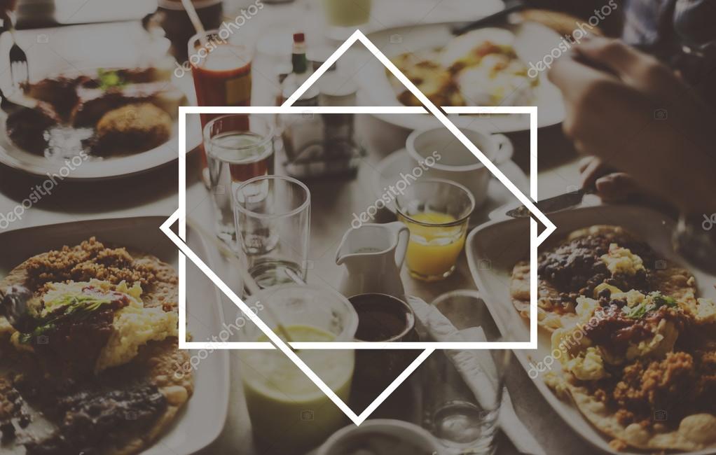 Food and beverages on table, restaurant concept and persons hand, graphic frame for copy space text