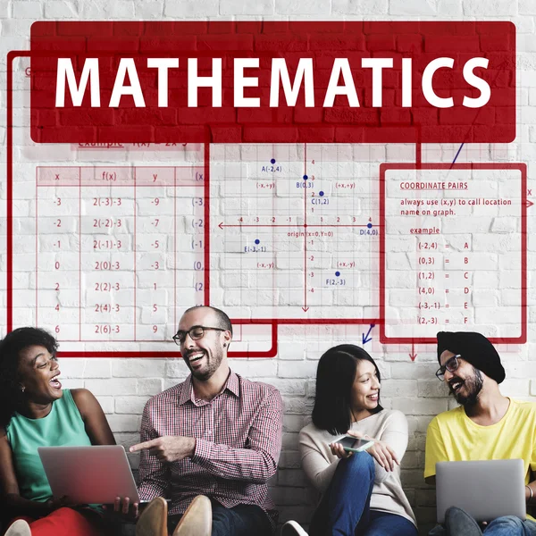 Diversity friends near wall with Mathematics — Stock Photo, Image