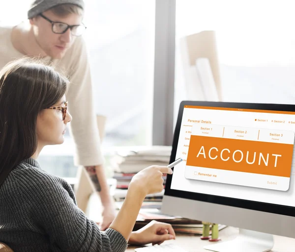 Woman showing on monitor with Account — Stock Photo, Image