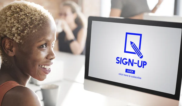 Businesswoman working on computer with Sign Up — Stock Photo, Image