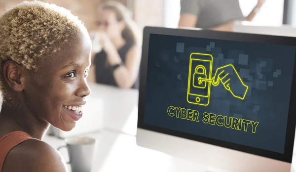 Businesswoman working on computer with Cyber Security — Stock Photo, Image