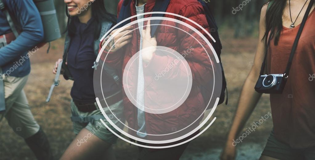 Young people hiking in forest, Adventure and Traveling Concept, graphic round frame