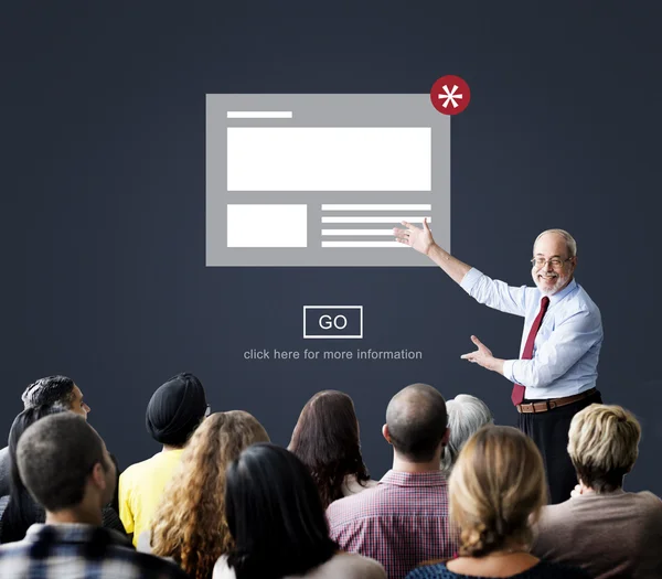 People at seminar with newsletter — Stock Photo, Image