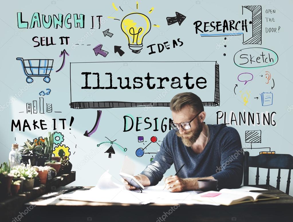 Man writing notes, plants on window shelf and background wall with text: Illustrate