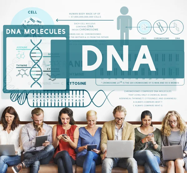 As pessoas se sentam com dispositivos e DNA — Fotografia de Stock