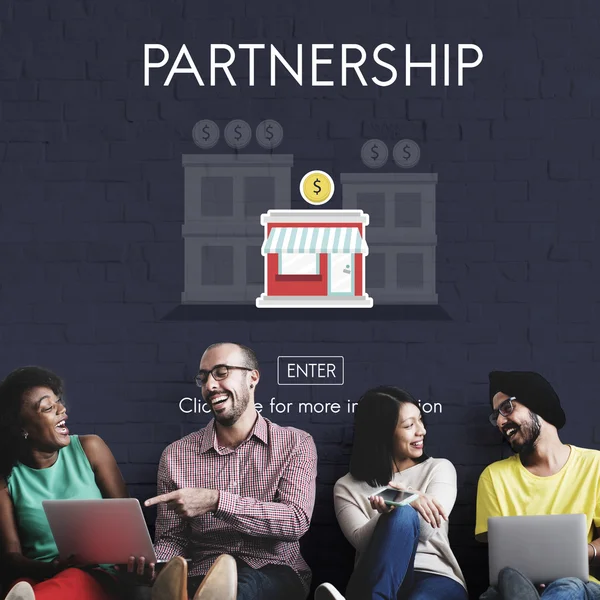 Diversity friends near wall with Partnership — Stock Photo, Image