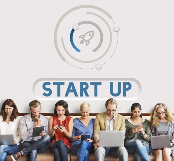 People sit with devices and Start Up — Stock Photo, Image