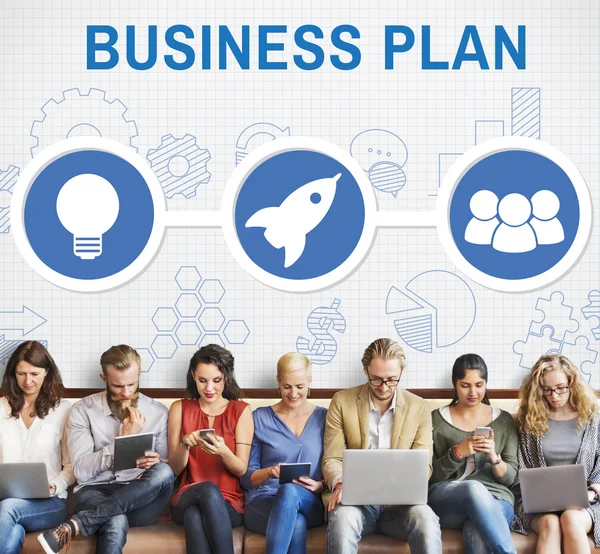 People sit with devices and Business Plan — Stock Photo, Image