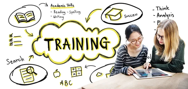 Girls studying and using tablet — Stock Photo, Image