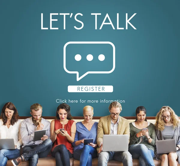 People sit with devices and Lets Talk — Stock Photo, Image