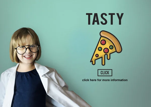 Lachende meisje met pizza-pictogram — Stockfoto