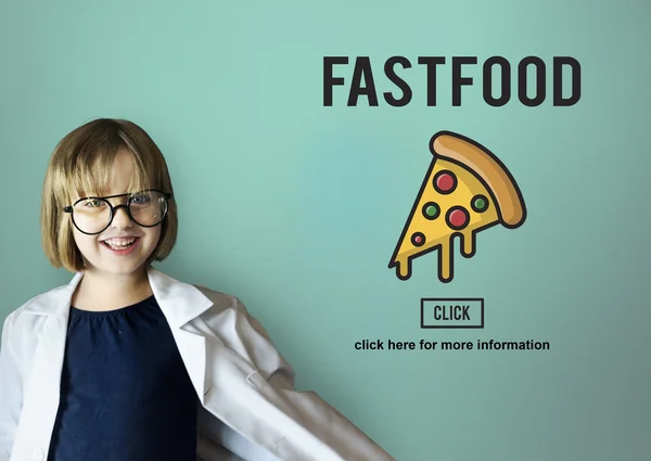 Vrolijk meisje en pizza-pictogram — Stockfoto