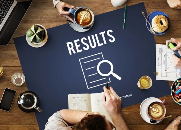 Table with poster with Results concept — Stock Photo, Image