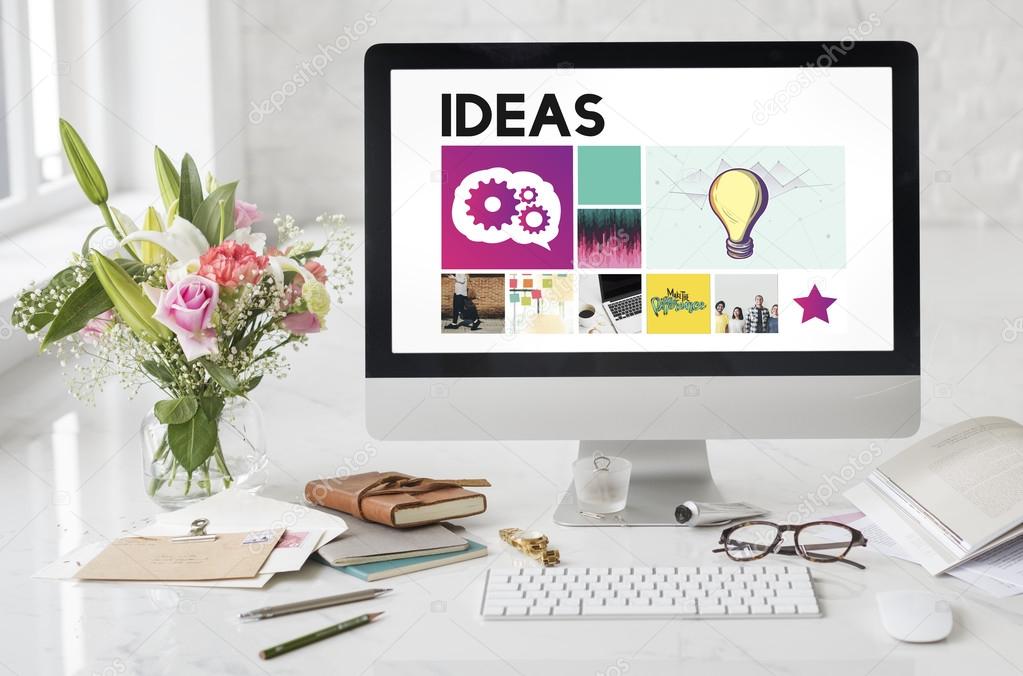 Computer, flowers and office equipment, ideas Concept