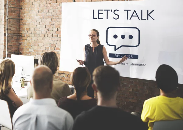 People at conference with Let's Talk — Stock Photo, Image