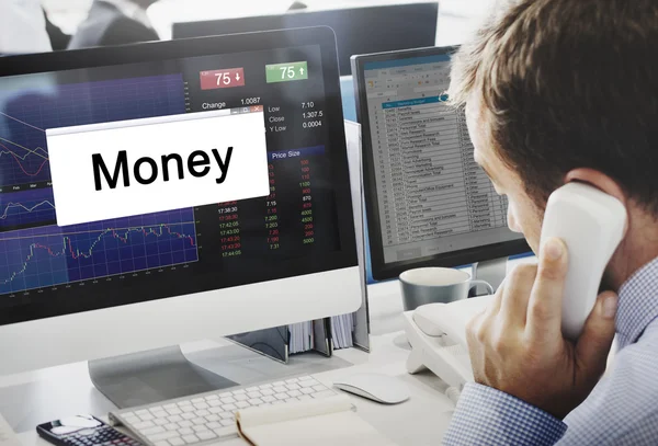 Businessman working on computer with Money — Stock Photo, Image