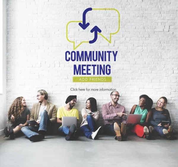 Diversity friends near wall with Community Meeting — Stock Photo, Image