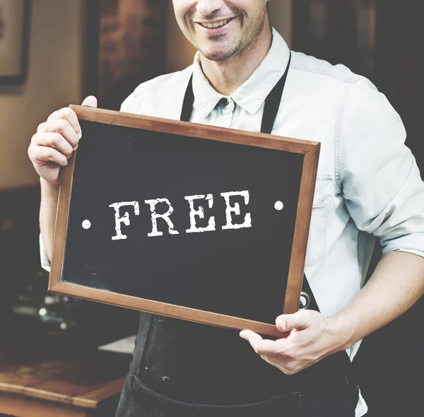 Waiter with Blackboard near Cafe — Stock Photo, Image