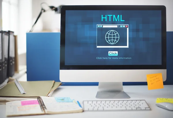 Computer monitor on workplace table — Stock Photo, Image