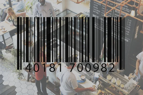 Personas en la cafetería y el código de barras — Foto de Stock