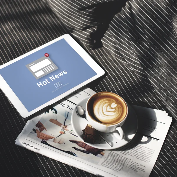Tablet, coffee and newspaper — Stock Photo, Image