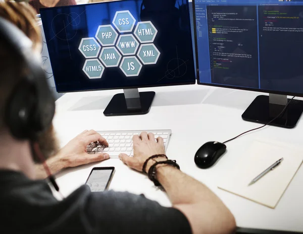 Businessman working on computer with coding — Stock Photo, Image