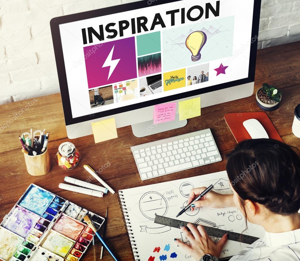 Young girl drawing in diary in desing studio with computer, Inspiration Concept