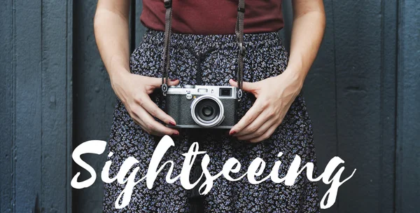 Girl with vintage camera — Stock Photo, Image