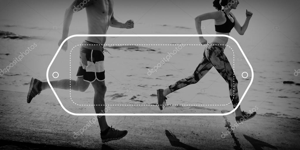 Young couple running on beach, sport and jogging concept, copyspace badge
