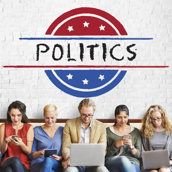 People sit with devices and Politics — Stock Photo, Image