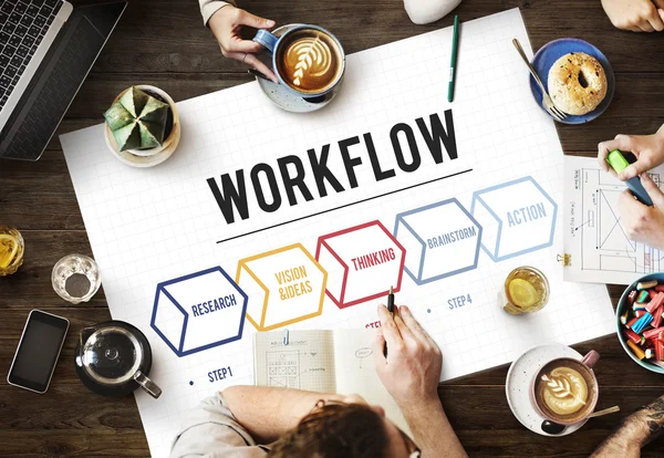 Tavolo con poster con WorkFlow — Foto Stock