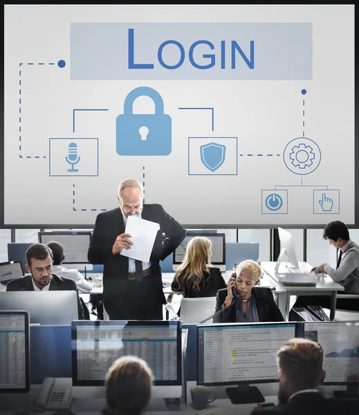 Mensen uit het bedrijfsleven werken en login — Stockfoto