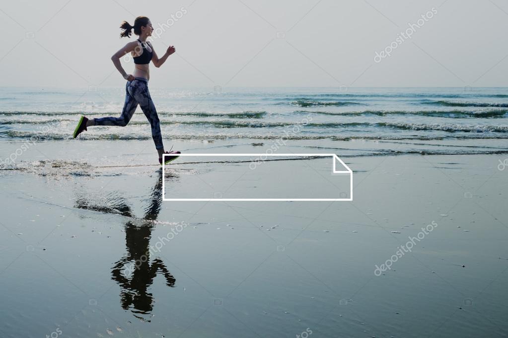 Woman in leggings running on beach, sport and jogging concept, graphic badge