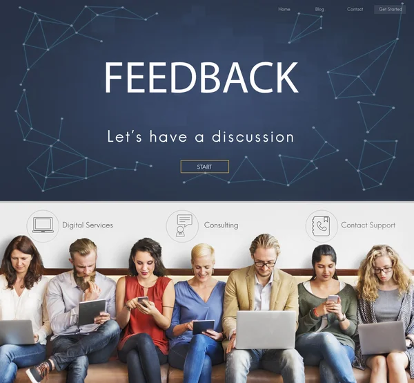 People sit with devices and Feedback — Stock Photo, Image