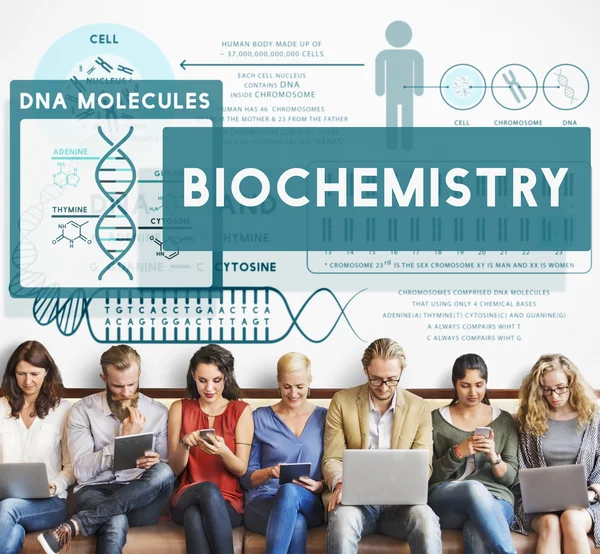 Les gens s'assoient avec des dispositifs et la biochimie — Photo